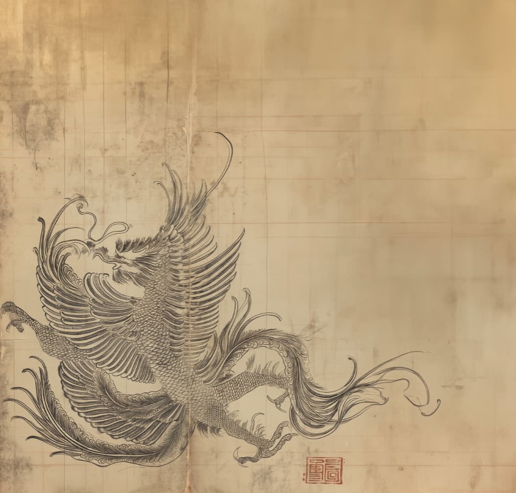 Phönix-Zeichnung auf Pergament — traditionelles asiatisches Symbol für Erneuerung und Harmonie